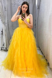 Prom Dress 2025 Yellow Ruffled Tulle Prom Dresses Spaghetti Strap Formal Gown 21912-unique elegant Prom Dresses-Yellow-US2-vigocouture