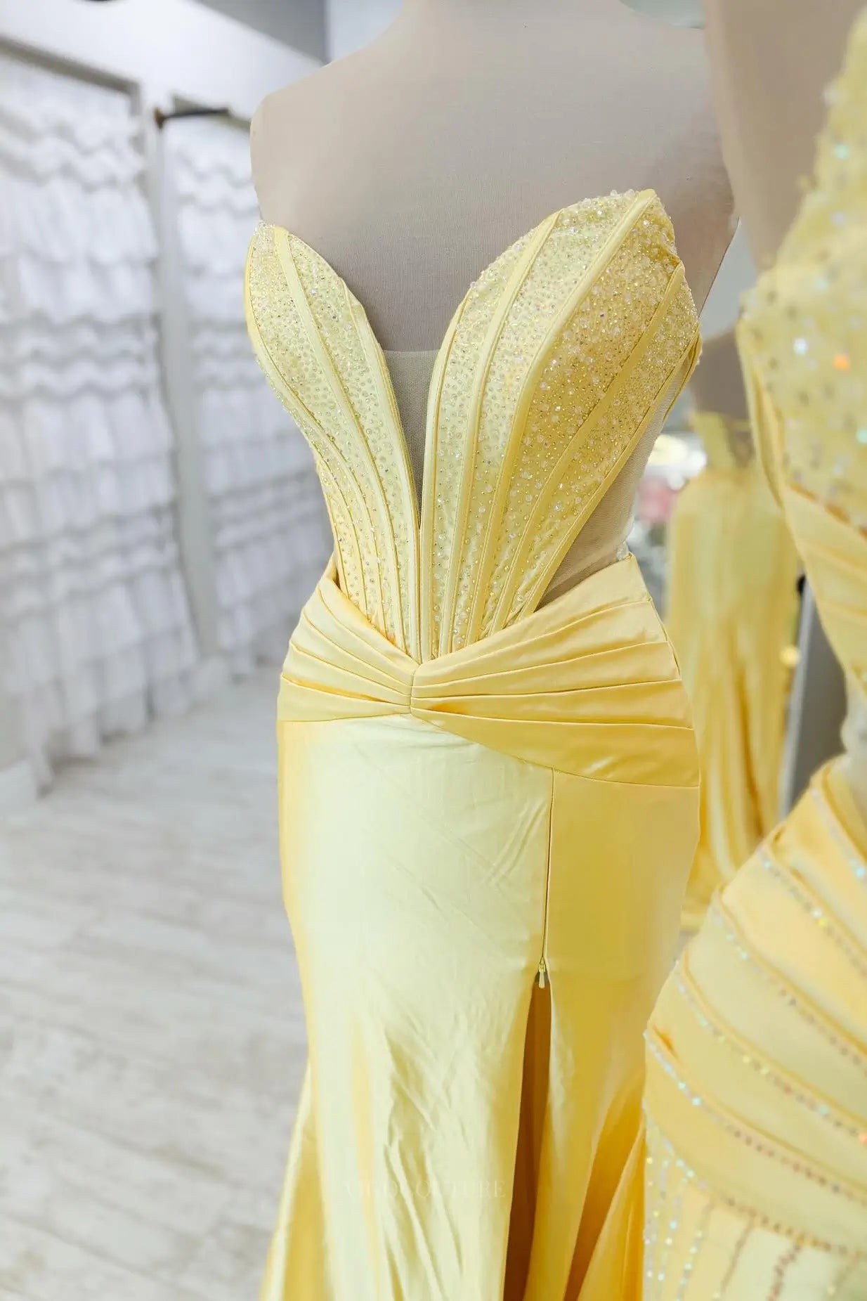 Yellow Satin Corset Prom Dress with Rhinestone Bodice 26083 vigocouture Yellow Satin Corset Prom Dress with Rhinestone Bodice 26083 vigocouture