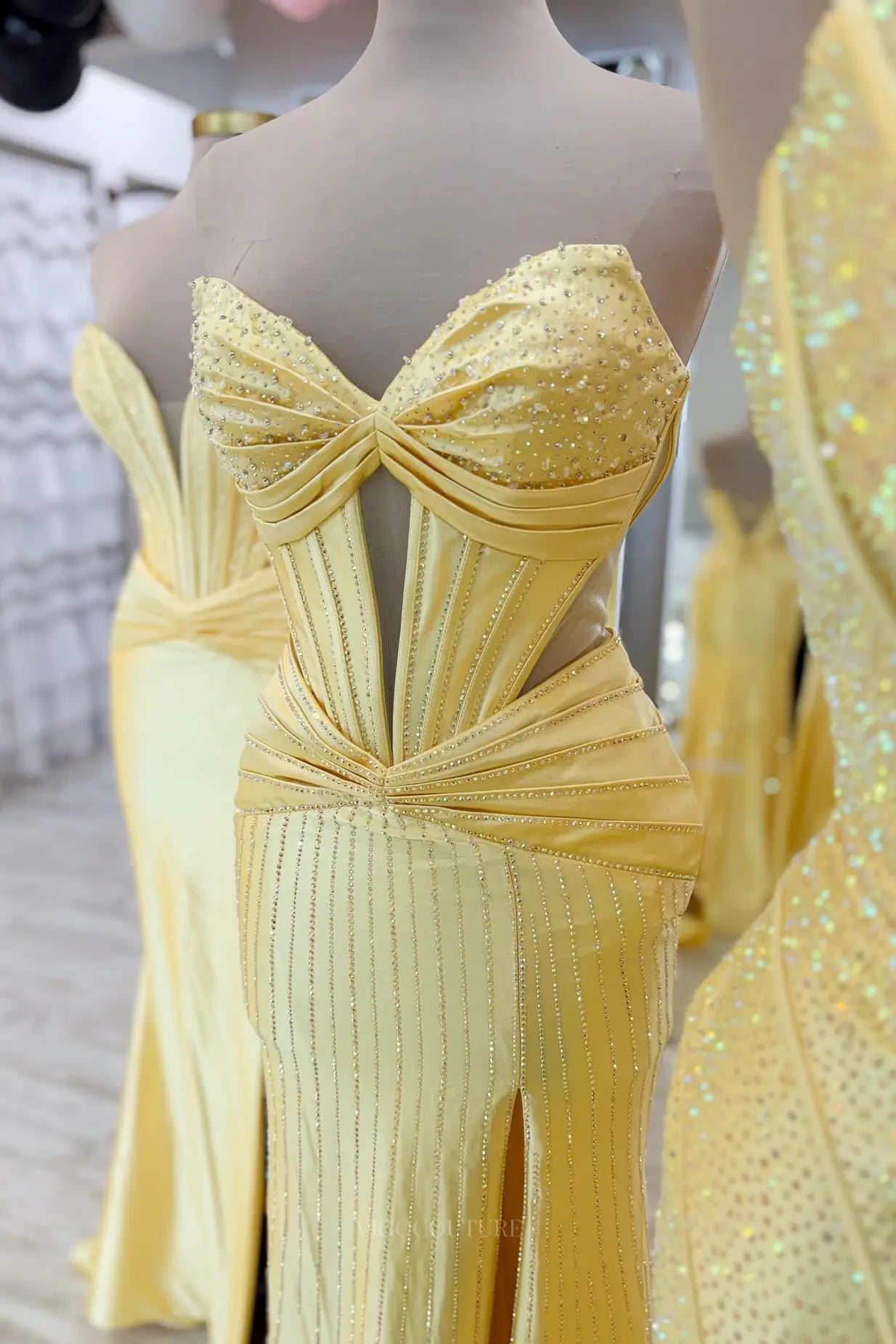 Yellow Satin Corset Prom Dress with Rhinestone Bodice, High Slit & Mermaid Skirt 26083 - Yellow / B / US 6 Yellow Satin Corset Prom Dress with Rhinestone Bodice, High Slit & Mermaid Skirt 26083 - Yellow / B / US 6