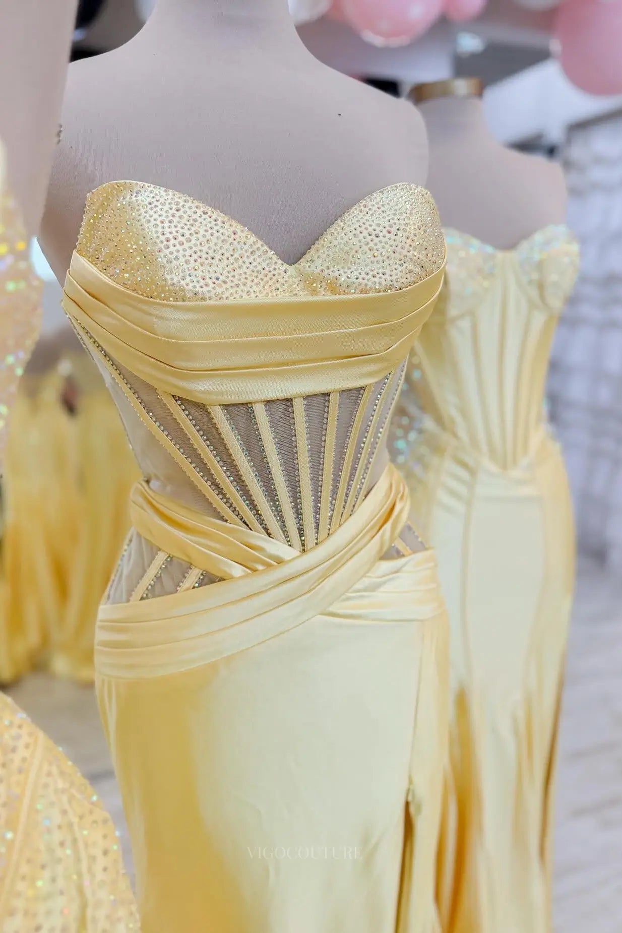 Yellow Satin Corset Prom Dress with Rhinestone Bodice 26083 vigocouture Yellow Satin Corset Prom Dress with Rhinestone Bodice 26083 vigocouture