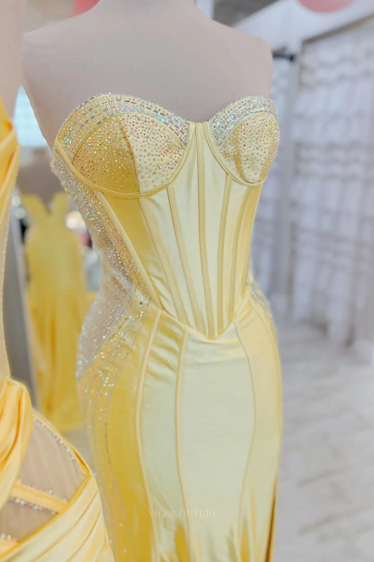 Yellow Satin Corset Prom Dress with Rhinestone Bodice 26083 vigocouture Yellow Satin Corset Prom Dress with Rhinestone Bodice 26083 vigocouture