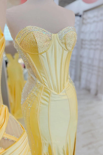 Prom Dresses 2025 to impress Yellow Satin Corset Prom Dress with Rhinestone Bodice, High Slit & Mermaid Skirt – 26083-vigocouture-vigocouture