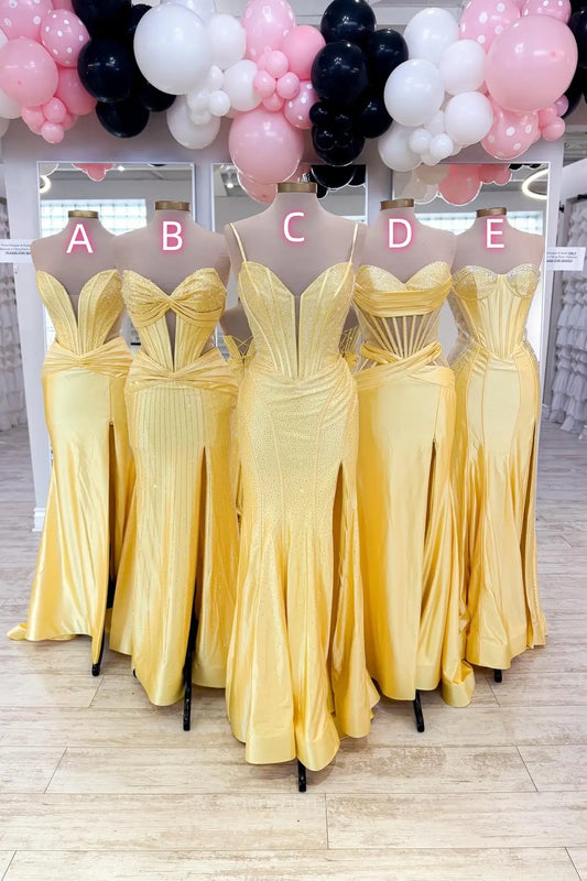 Prom Dresses 2025 to impress Yellow Satin Corset Prom Dress with Rhinestone Bodice, High Slit & Mermaid Skirt – 26083-vigocouture-vigocouture