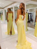 Prom Dress 2025 Yellow Satin Mermaid Prom Dresses with Slit Pleated Strapless Side Skirt 24464-unique elegant Prom Dresses-Yellow-Custom Size-vigocouture