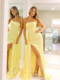 Prom Dress 2025 Yellow Satin Mermaid Prom Dresses with Slit Pleated Strapless Side Skirt 24464-unique elegant Prom Dresses-Yellow-Custom Size-vigocouture