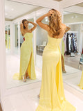 Prom Dress 2025 Yellow Satin Mermaid Prom Dresses with Slit Pleated Strapless Side Skirt 24464-unique elegant Prom Dresses-Yellow-Custom Size-vigocouture