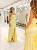 Prom Dress 2025 Yellow Satin Mermaid Prom Dresses with Slit Pleated Strapless Side Skirt 24464-unique elegant Prom Dresses-Yellow-Custom Size-vigocouture