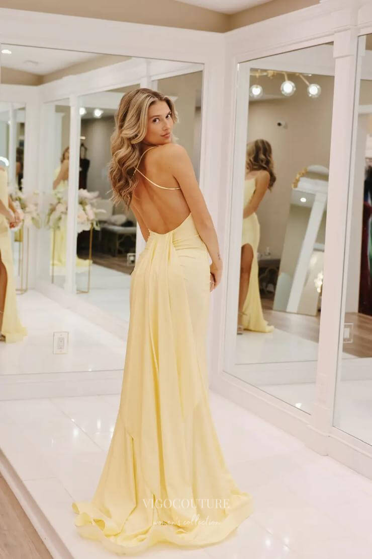 Prom Dress 2025 Yellow Satin Mermaid Prom Dresses with Slit Spaghetti Strap Evening Dress 24463-unique elegant Prom Dresses-Yellow-Custom Size-vigocouture