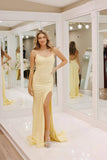 Prom Dress 2025 Yellow Satin Mermaid Prom Dresses with Slit Spaghetti Strap Evening Dress 24463-unique elegant Prom Dresses-Yellow-Custom Size-vigocouture