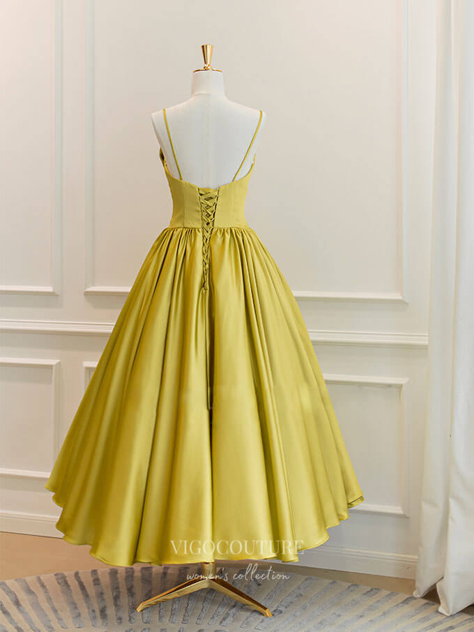 Short Prom Dresses 2025 Yellow Satin Prom Dresses Tea-Length Spaghetti Strap Short Formal Dress 21837-Prom Dresses-vigocouture-vigocouture