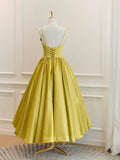 Short Prom Dresses 2025 Yellow Satin Prom Dresses Tea-Length Spaghetti Strap Short Formal Dress 21837-Prom Dresses-vigocouture-vigocouture