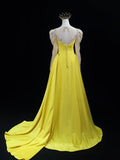 Prom Dresses 2025 to impress Yellow Satin Prom Dresses with Beaded Lace, Long Sleeve, Pageant Dresses BG019-vigocouture-vigocouture