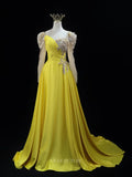 Prom Dresses 2025 to impress Yellow Satin Prom Dresses with Beaded Lace, Long Sleeve, Pageant Dresses BG019-vigocouture-Yellow-Custom Size-vigocouture