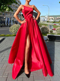 Prom Dress 2025 Yellow Satin Prom Dresses with Slit Strapless Formal Gown 20852-unique elegant Prom Dresses-Red-US2-vigocouture