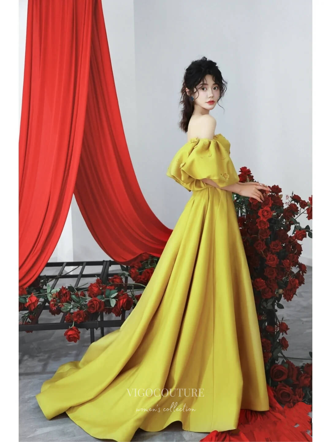 Prom Dress 2025 Yellow Satin Puffed Sleeve Prom Dresses Floral Off the Shoulder Formal Gown 24458-unique elegant Prom Dresses-Yellow-Custom Size-vigocouture