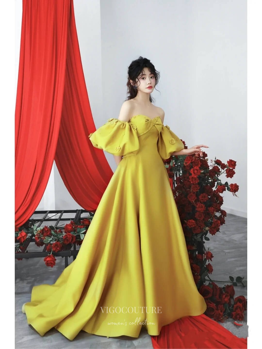 Prom Dress 2025 Yellow Satin Puffed Sleeve Prom Dresses Floral Off the Shoulder Formal Gown 24458-unique elegant Prom Dresses-Yellow-Custom Size-vigocouture