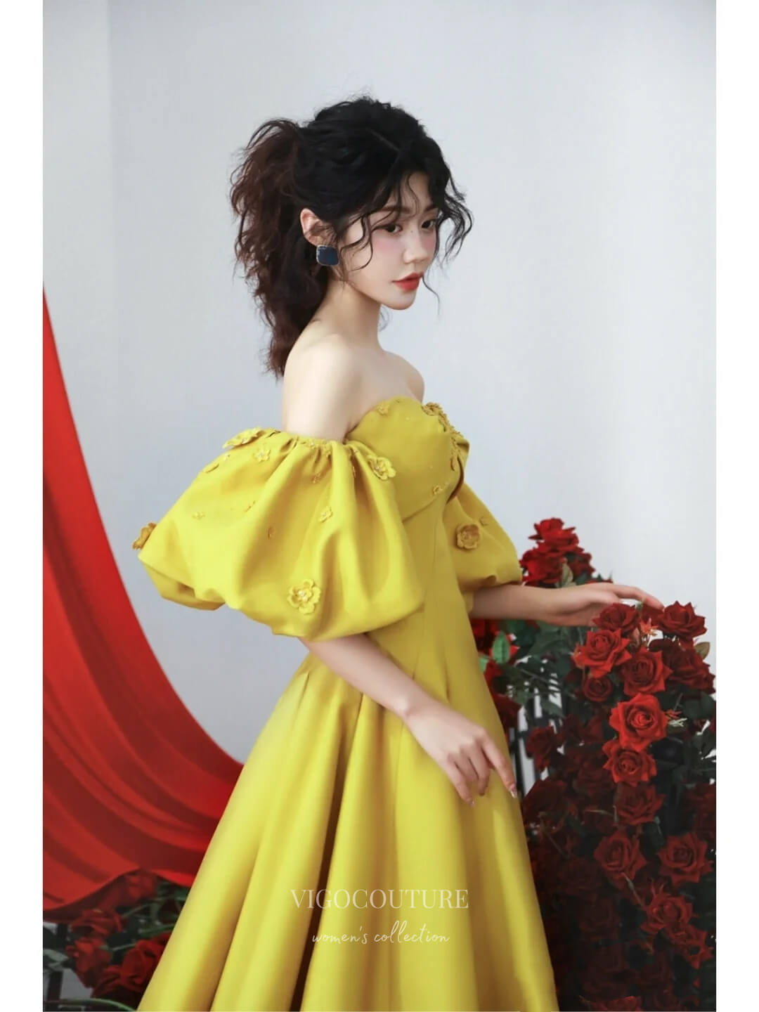 floral yellow off the shoulder dress Romantic Yellow Off-the-Shoulder 3D Floral Evening Dress SS505