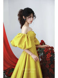 Prom Dress 2025 Yellow Satin Puffed Sleeve Prom Dresses Floral Off the Shoulder Formal Gown 24458-unique elegant Prom Dresses-Yellow-Custom Size-vigocouture