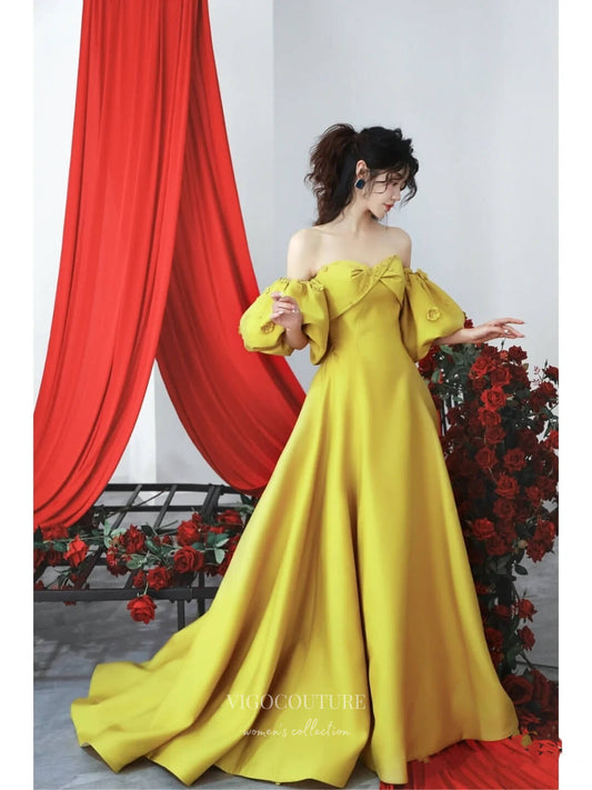 Prom Dress 2025 Yellow Satin Puffed Sleeve Prom Dresses Floral Off the Shoulder Formal Gown 24458-unique elegant Prom Dresses-Yellow-Custom Size-vigocouture