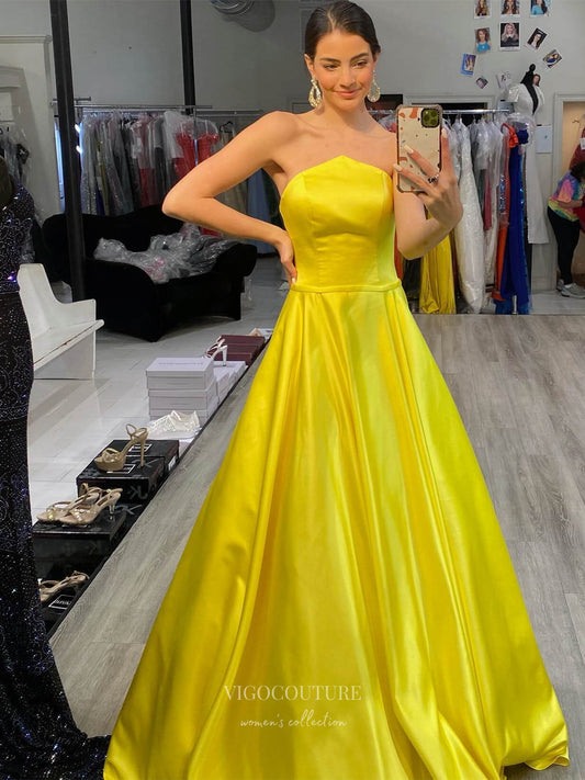 Prom Dress 2025 Yellow Strapless Cheap Prom Dresses Satin Formal Gown 24148-unique elegant Prom Dresses-Yellow-Custom Size-vigocouture