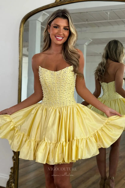Yellow Strapless Satin Homecoming Dress with Pearl Embellished Corset and Ruffle Hem – HC506