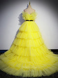 Prom Dress 2025 Yellow Tiered Quinceanera Dresses Spaghetti Strap Sweet 16 Dresses 20907-unique elegant Prom Dresses-Yellow-Custom Size-vigocouture