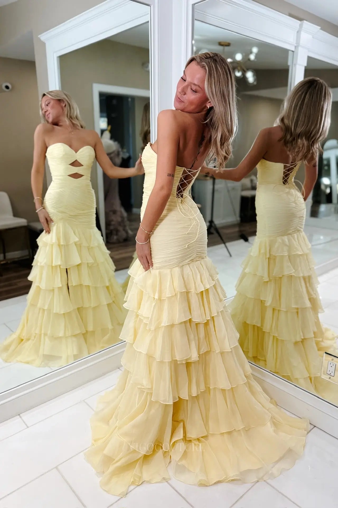 Prom Dresses 2025 to impress Yellow Tiered Ruffle Mermaid Prom Dress with Ruched Bodice, Cutout Waist & Slit – 26139-vigocouture-vigocouture