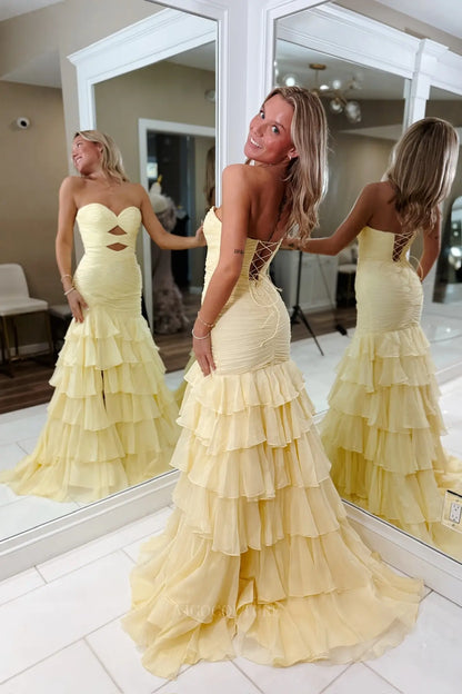 Prom Dresses 2025 to impress Yellow Tiered Ruffle Mermaid Prom Dress with Ruched Bodice, Cutout Waist & Slit – 26139-vigocouture-vigocouture