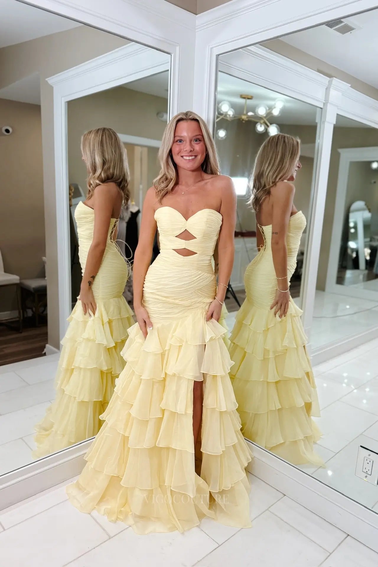 Prom Dresses 2025 to impress Yellow Tiered Ruffle Mermaid Prom Dress with Ruched Bodice, Cutout Waist & Slit – 26139-vigocouture-vigocouture