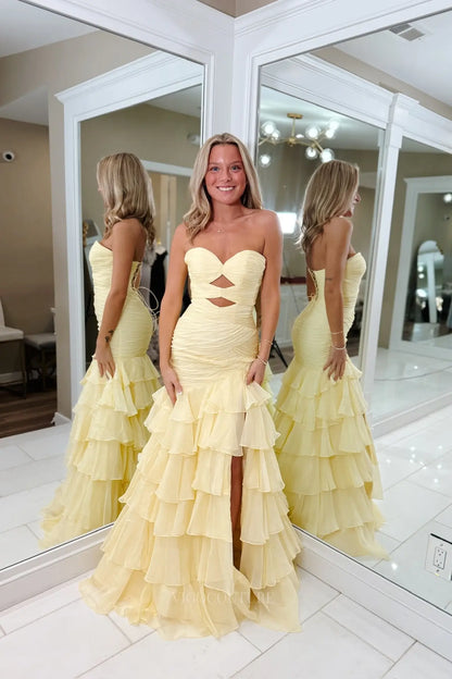 Prom Dresses 2025 to impress Yellow Tiered Ruffle Mermaid Prom Dress with Ruched Bodice, Cutout Waist & Slit – 26139-vigocouture-vigocouture