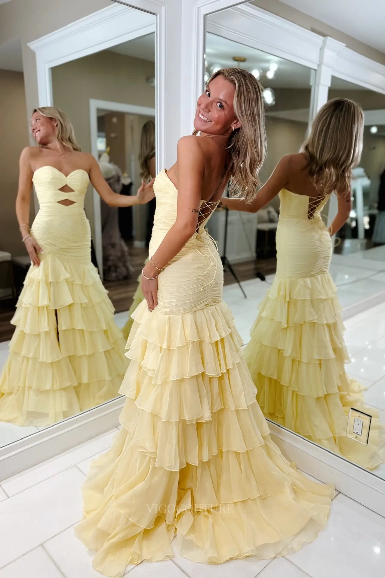 Prom Dresses 2025 to impress Yellow Tiered Ruffle Mermaid Prom Dress with Ruched Bodice, Cutout Waist & Slit – 26139-vigocouture-vigocouture