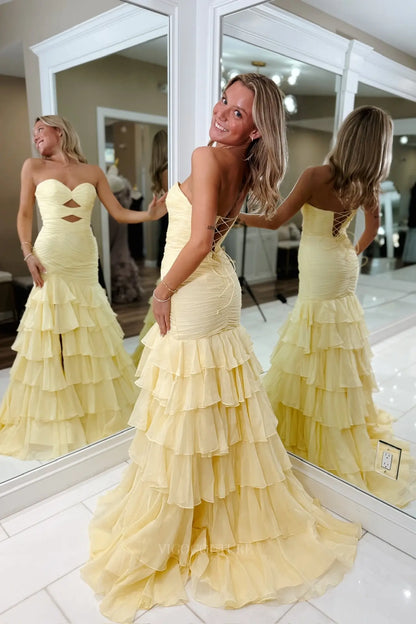 Prom Dresses 2025 to impress Yellow Tiered Ruffle Mermaid Prom Dress with Ruched Bodice, Cutout Waist & Slit – 26139-vigocouture-vigocouture