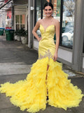 Prom Dress 2025 Yellow Tiered Ruffle Prom Dresses Strapless Mermaid Satin Bodice 24139-unique elegant Prom Dresses-Yellow-Custom Size-vigocouture