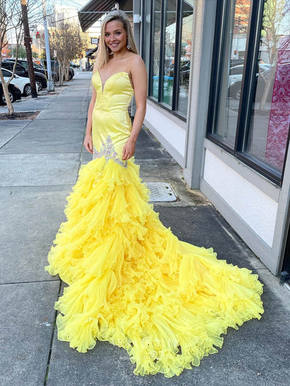 Yellow Tiered Ruffle Prom Dresses Strapless Mermaid Satin Bodice 24139 Custom Colors / US16 Yellow Tiered Ruffle Prom Dresses Strapless Mermaid Satin Bodice 24139 Custom Colors / US16