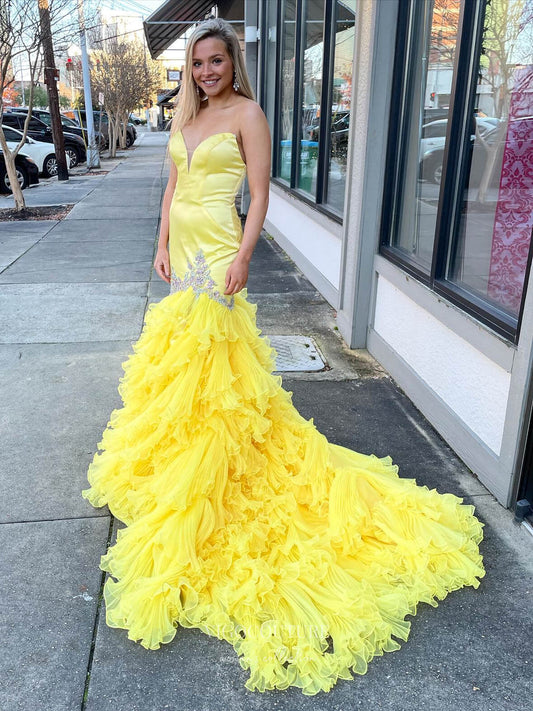 Prom Dress 2025 Yellow Tiered Ruffle Prom Dresses Strapless Mermaid Satin Bodice 24139-unique elegant Prom Dresses-Yellow-Custom Size-vigocouture