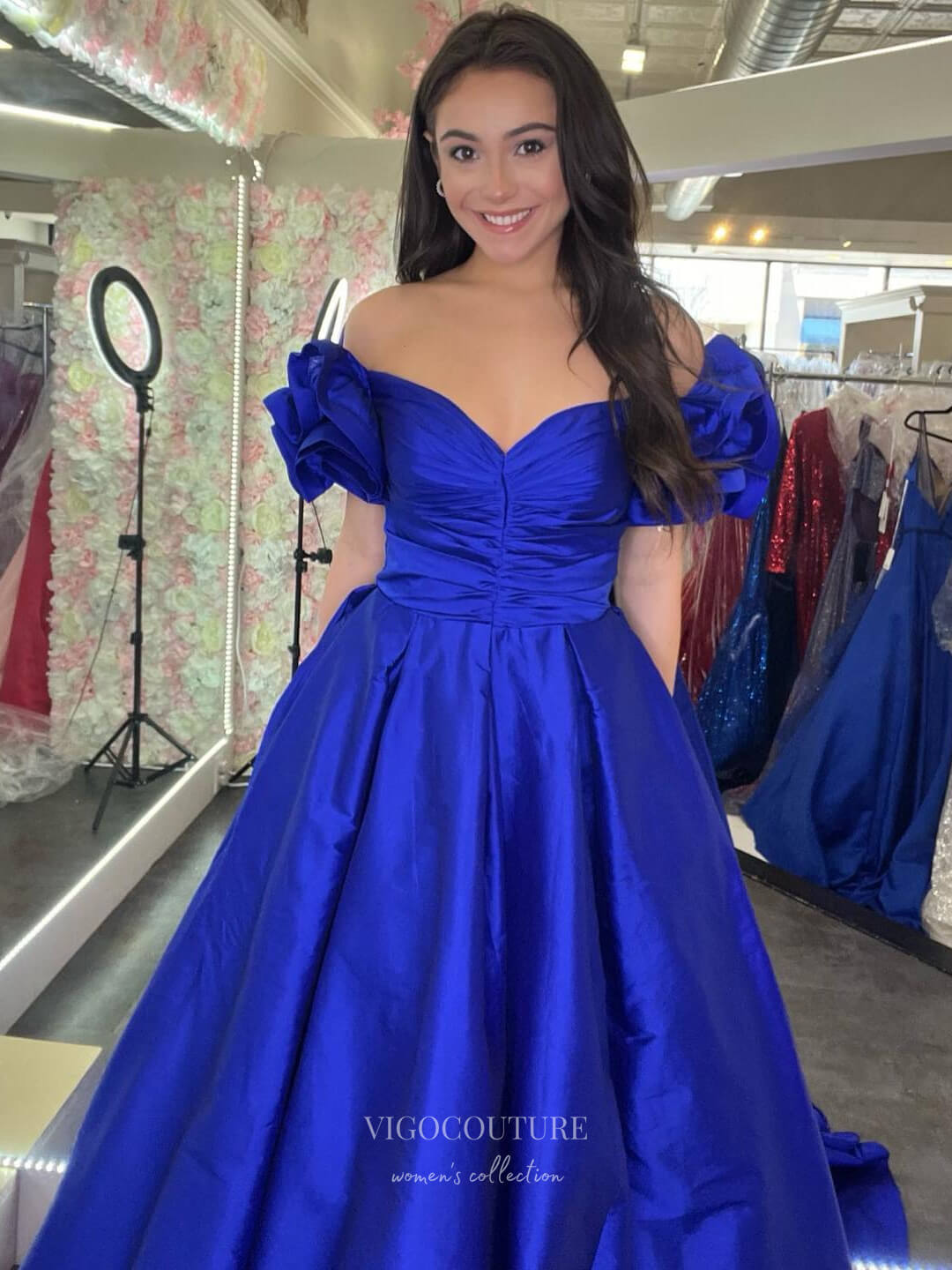 Puffed Sleeve Cheap Prom Dresses Satin Pleated Bodice Formal Gown 24154-Prom Dresses-vigocouture-Blue-Custom Size-vigocouture