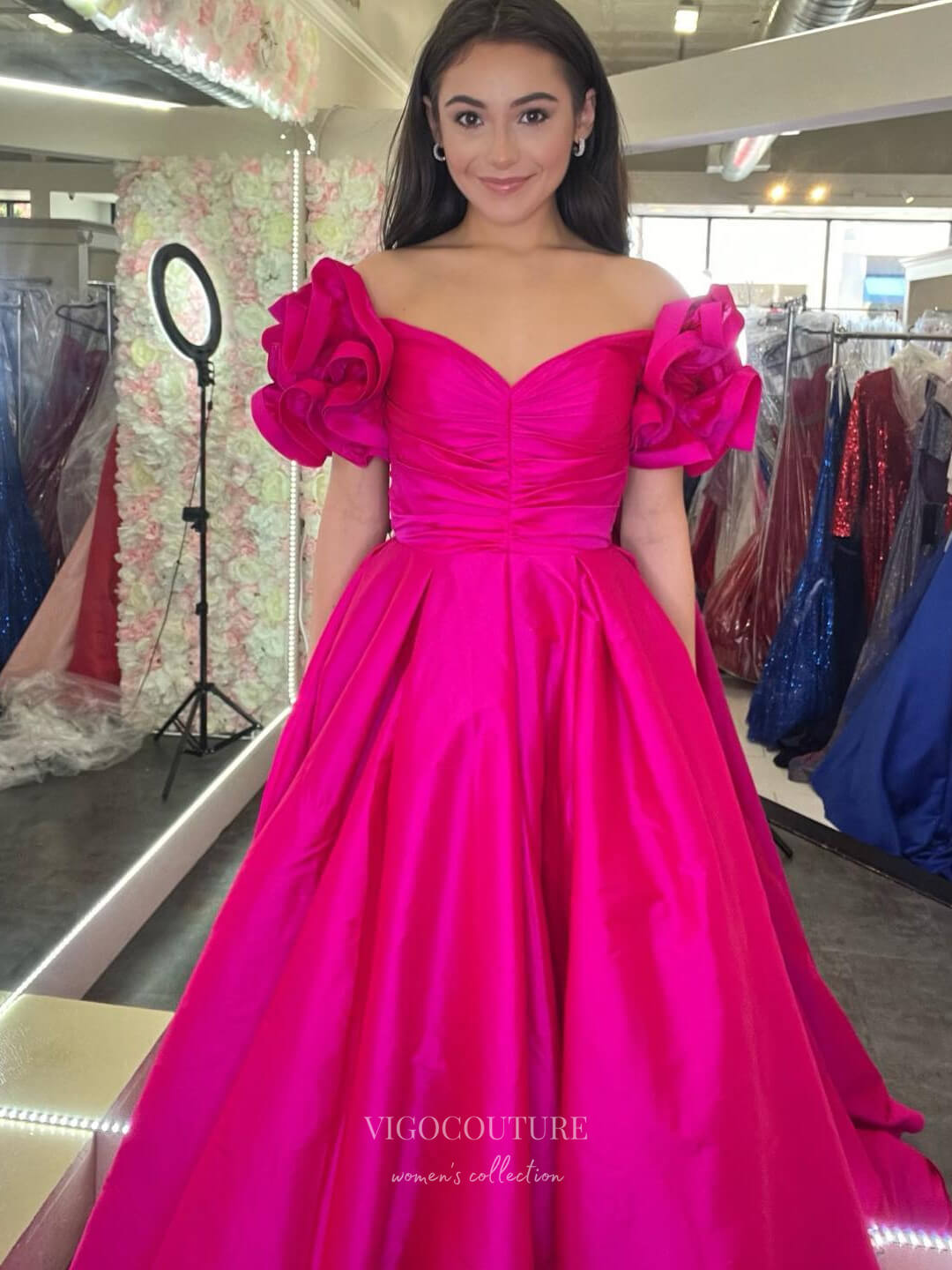 Puffed Sleeve Cheap Prom Dresses Satin Pleated Bodice Formal Gown 24154-Prom Dresses-vigocouture-Hot Pink-Custom Size-vigocouture