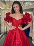 Puffed Sleeve Cheap Prom Dresses Satin Pleated Bodice Formal Gown 24154-Prom Dresses-vigocouture-Red-Custom Size-vigocouture