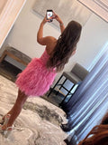 Radiant Lace Applique Homecoming Dress with Feathers Strapless Graduation Dress hc214-Prom Dresses-vigocouture-Pink-US0-vigocouture