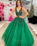 Radiant Lace Applique Tulle Prom Dresses Sheer Bodice V-Neck 24327-Prom Dresses-vigocouture-Green-Custom Size-vigocouture