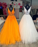 Radiant Lace Applique Tulle Prom Dresses Sheer Bodice V-Neck 24327-Prom Dresses-vigocouture-Ivory-Custom Size-vigocouture