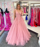 Radiant Lace Applique Tulle Prom Dresses Sheer Bodice V-Neck 24327-Prom Dresses-vigocouture-Pink-Custom Size-vigocouture