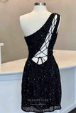 Radiant One Shoulder Hoco Dress Sequin Bodycon Dress hc281-Prom Dresses-vigocouture-Black-US0-vigocouture