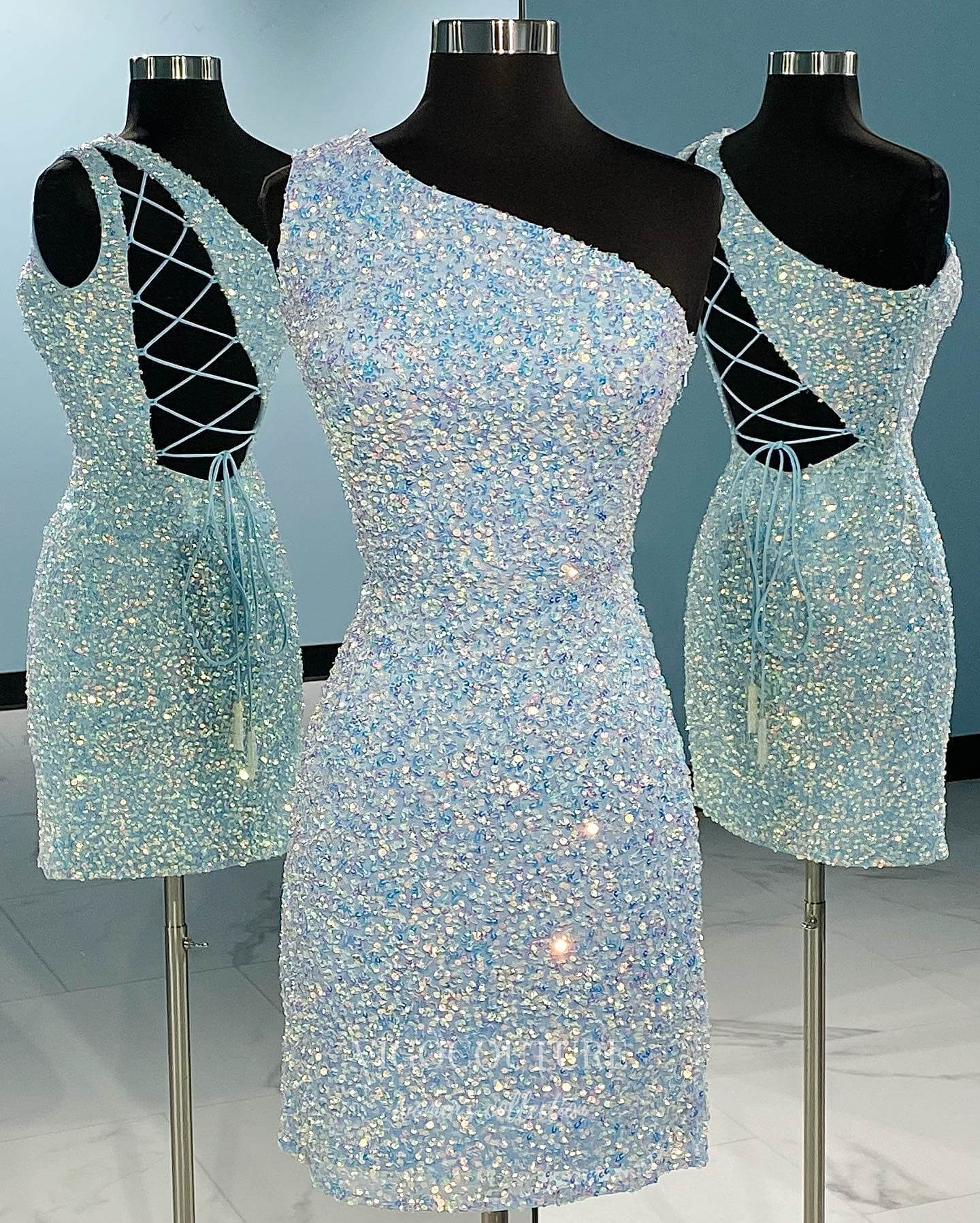 Radiant One Shoulder Hoco Dress Sequin Bodycon Dress hc281-Prom Dresses-vigocouture-Light Blue-US0-vigocouture