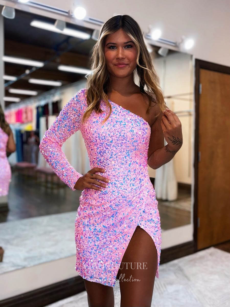 Radiant One Shoulder Hoco Dress Sequin Bodycon Dress with Slit hc270-Prom Dresses-vigocouture-Pink-US0-vigocouture