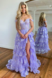 Radiant Sequin Lace Prom Dresses with Slit Ruffled Evening Dress 24051-Prom Dresses-vigocouture-Lavender-Custom Size-vigocouture