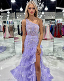 Radiant Sequin Lace Prom Dresses with Slit Ruffled One Shoulder Evening Dress 24053-Prom Dresses-vigocouture-Lavender-Custom Size-vigocouture