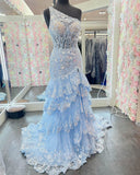 Radiant Sequin Lace Prom Dresses with Slit Ruffled One Shoulder Evening Dress 24053-Prom Dresses-vigocouture-Light Blue-Custom Size-vigocouture