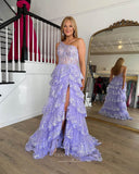 Radiant Sequin Lace Prom Dresses with Slit Ruffled One Shoulder Evening Dress 24055-Prom Dresses-vigocouture-Lavender-Custom Size-vigocouture