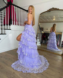 Radiant Sequin Lace Prom Dresses with Slit Ruffled One Shoulder Evening Dress 24055-Prom Dresses-vigocouture-Lavender-Custom Size-vigocouture